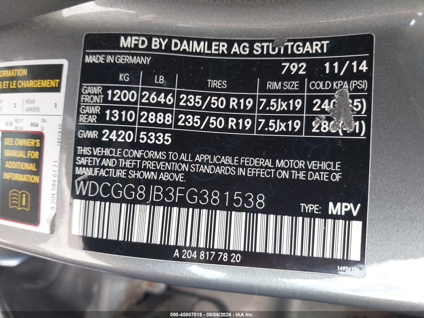 2015 Mercedes-benz Glk-klasse VIN WDCGG8JB3FG381538 IAAI salvage auction — WATER/FLOOD, Salvage Title, sold $3,150 on 2026-08-14 (photo 9)