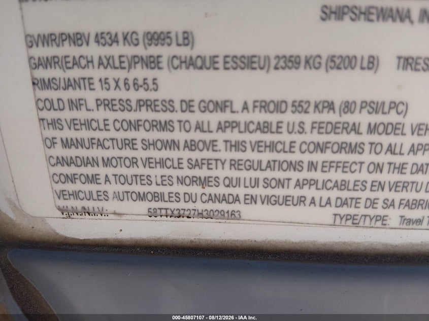 2017 Highland ridge Other VIN 58TTX3727H3029163 IAAI salvage auction — UNKNOWN, Wait Title, sold $7,100 on 2026-09-23 (photo 9)