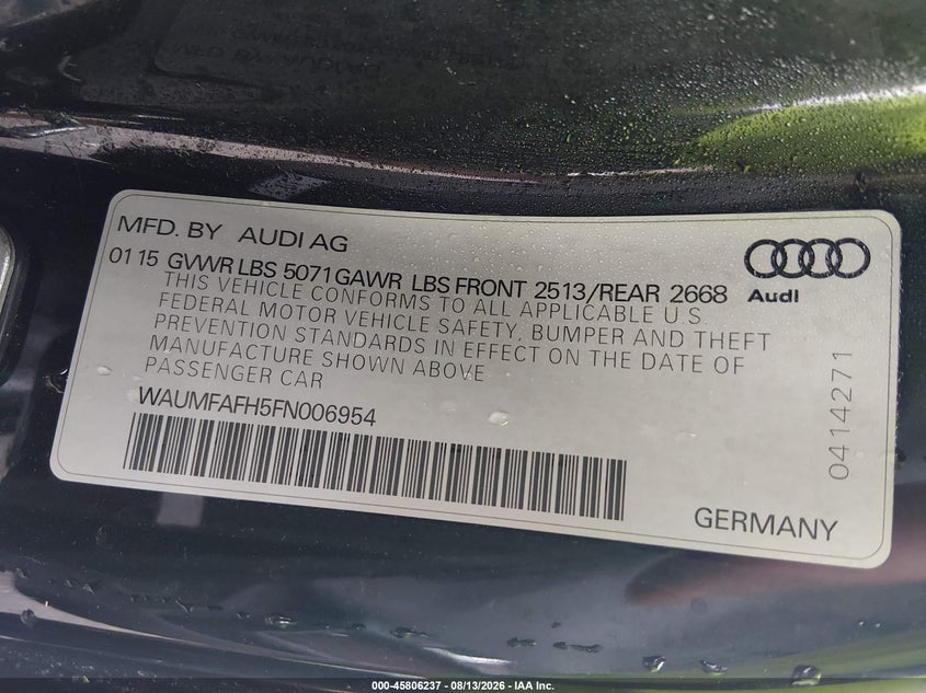2015 Audi A5 VIN WAUMFAFH5FN006954 IAAI salvage auction — SIDE, Clear (Indiana), sold $2,900 on 2026-09-11 (photo 9)
