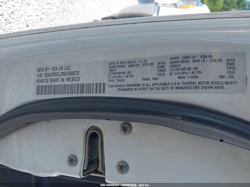 2022 Ram 2500 VIN 3C6UR5DL2NG436870 IAAI salvage auction — UNKNOWN, Salvage (Alabama), sold $10,800 on 2026-08-23 (photo 9)
