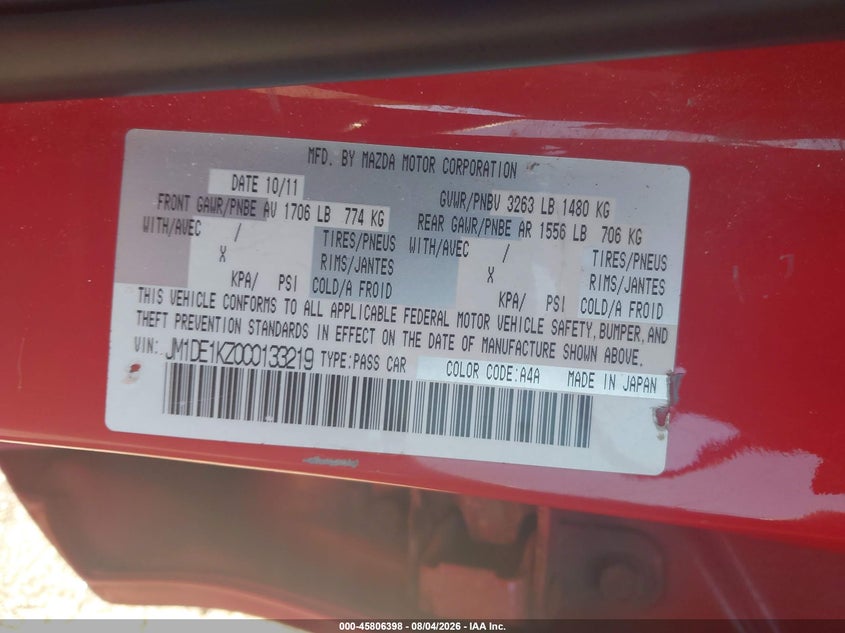 2012 Mazda 2 VIN JM1DE1KZ0C0133219 IAAI salvage auction — NORMAL WEAR, Clear (Rhode Island), sold $600 on 2026-08-31 (photo 9)