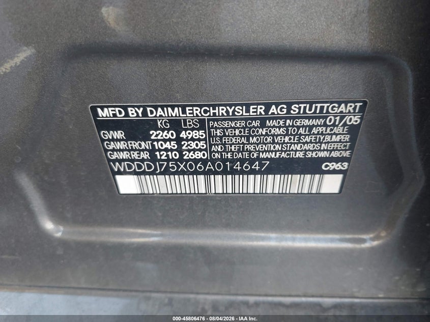 2006 Mercedes-benz Cls-class VIN WDDDJ75X06A014647 IAAI salvage auction — FRONT END, Salvage (California), sold $475 on 2026-08-14 (photo 9)