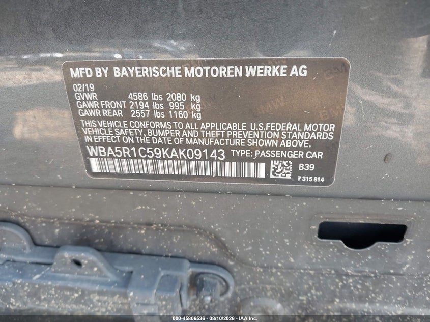 2019 BMW 3er VIN WBA5R1C59KAK09143 IAAI salvage auction — ALL OVER, Salvage (Virginia), sold $8,700 on 2026-08-29 (photo 9)