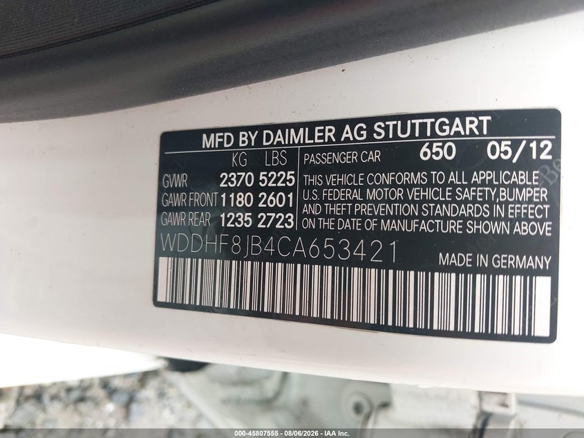 2012 Mercedes-benz E-class VIN WDDHF8JB4CA653421 IAAI salvage auction — NORMAL WEAR, Repossession Paperwork (Georgia), sold $1,100 on 2026-08-18 (photo 9)