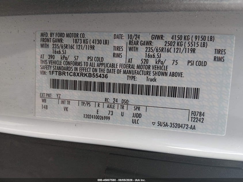 2024 Ford Transit VIN 1FTBR1C8XRKB55436 IAAI salvage auction — FRONT END, Salvage Title, sold $9,100 on 2026-09-17 (photo 9)
