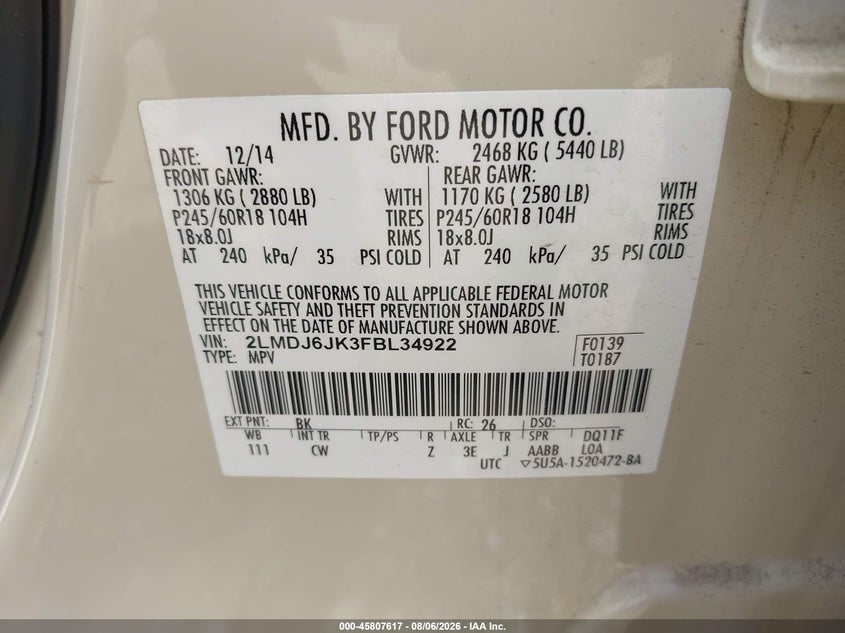 2015 Lincoln Mkx VIN 2LMDJ6JK3FBL34922 IAAI salvage auction — NORMAL WEAR, Clear (Georgia), sold $1,650 on 2026-09-03 (photo 9)