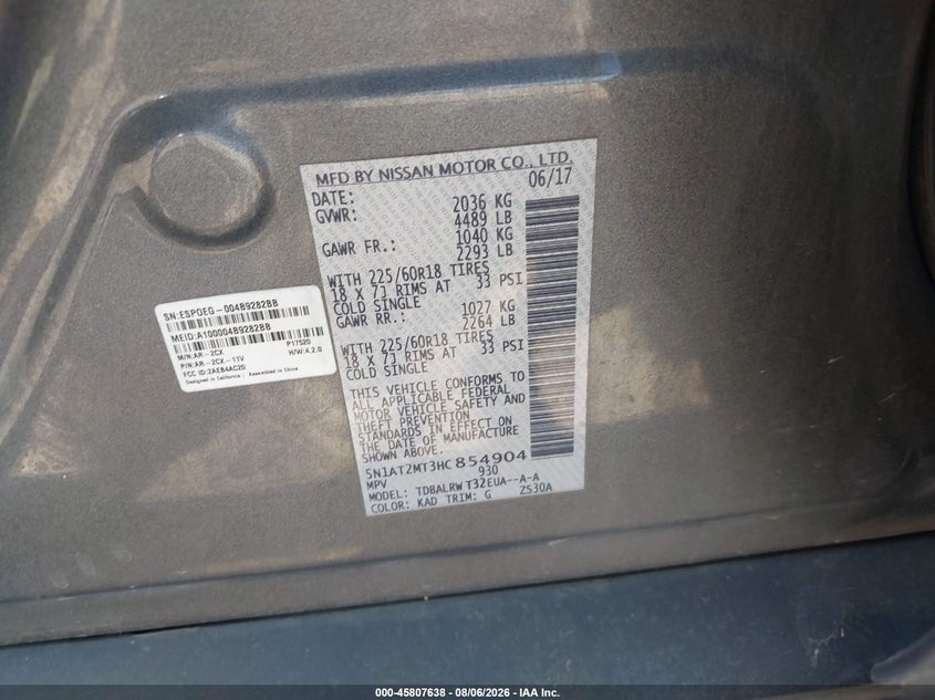 2017 Nissan Rogue VIN 5N1AT2MT3HC854904 IAAI salvage auction — FRONT END, Wait Title, sold $1,400 on 2026-09-02 (photo 9)