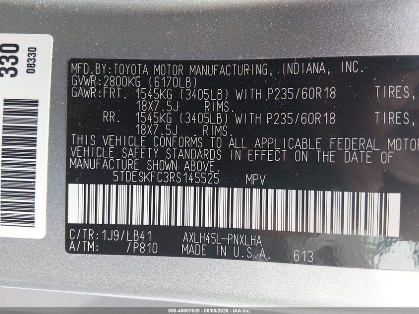2024 Toyota Sienna VIN 5TDESKFC3RS145525 IAAI salvage auction — REAR END, Salvage Title, sold $20,400 on 2026-08-20 (photo 9)