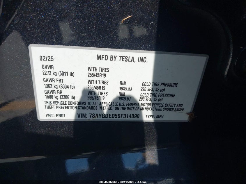2025 Tesla Model y VIN 7SAYGDED5SF314090 IAAI salvage auction — REAR END, Salvage Title, sold $16,450 on 2026-09-14 (photo 9)