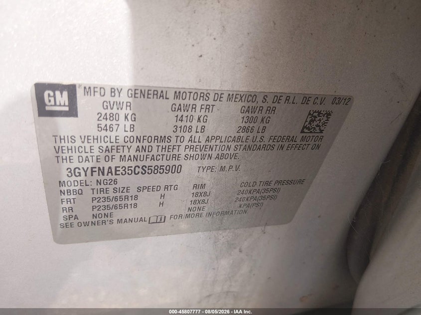 2012 Cadillac Srx VIN 3GYFNAE35CS585900 IAAI salvage auction — UNDERCARRIAGE, Salvage (Mississippi), sold $400 on 2026-09-11 (photo 9)