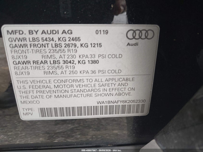 2019 Audi Q5 VIN WA1BNAFY6K2052330 IAAI salvage auction — RIGHT SIDE, Salvage Title, sold $9,000 on 2026-08-25 (photo 9)