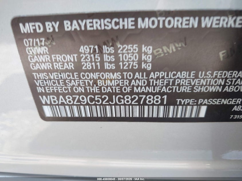 2018 BMW 3er VIN WBA8Z9C52JG827881 IAAI salvage auction — FRONT END, Salvage Title, sold $4,975 on 2026-08-20 (photo 9)