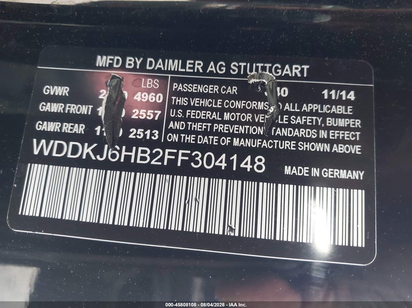 2015 Mercedes-benz E-class VIN WDDKJ6HB2FF304148 IAAI salvage auction — NORMAL WEAR, Clear (Florida), sold $1,800 on 2026-08-10 (photo 9)
