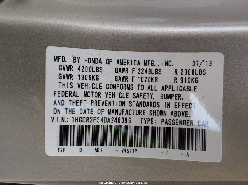 2013 Honda Accord VIN 1HGCR2F34DA246096 IAAI salvage auction — FRONT END, Salvage (North Carolina), sold $2,900 on 2026-08-24 (photo 9)