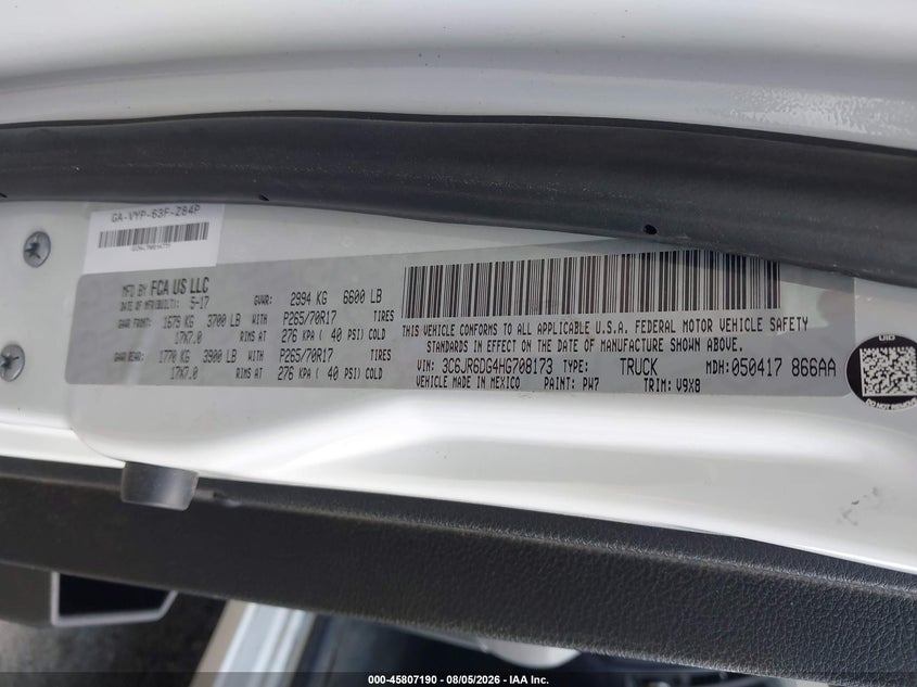 2017 Ram 1500 VIN 3C6JR6DG4HG708173 IAAI salvage auction — NORMAL WEAR, SF97 (Virginia), sold $13,300 on 2026-08-19 (photo 9)