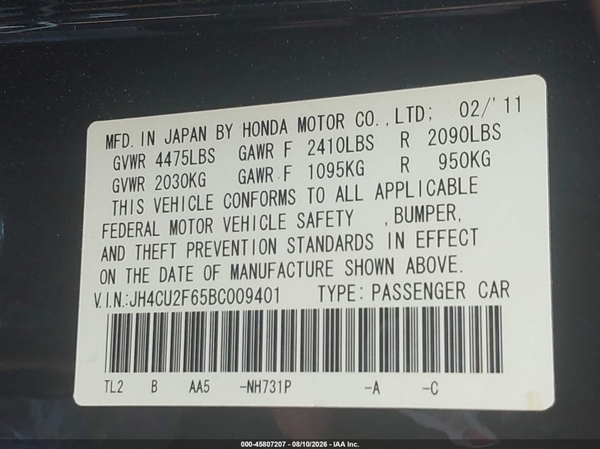 2011 Acura Tsx VIN JH4CU2F65BC009401 IAAI salvage auction — SIDE, Clear (Virginia), sold $2,200 on 2026-08-30 (photo 9)