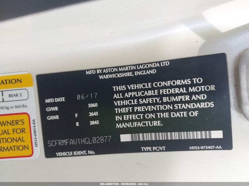2017 Aston martin Db11 VIN SCFRMFAV1HGL02877 IAAI salvage auction — LEFT FRONT, Salvage Title, sold $43,750 on 2026-09-14 (photo 9)