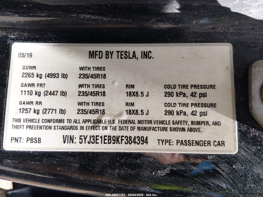 2019 Tesla Model 3 VIN 5YJ3E1EB9KF384394 IAAI salvage auction — NORMAL WEAR, Original (Vermont), sold $5,050 on 2026-08-23 (photo 9)