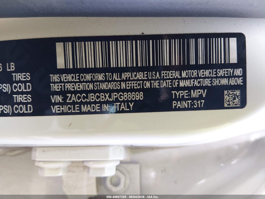 2018 Jeep Renegade VIN ZACCJBCBXJPG88698 IAAI salvage auction — NORMAL WEAR, Salvage Title, sold $1,975 on 2026-08-10 (photo 9)