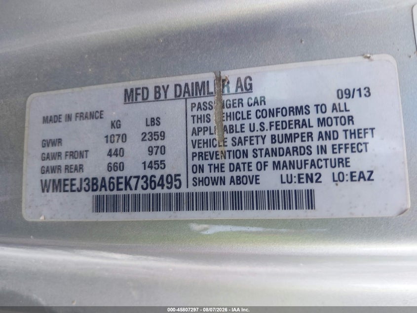 2014 Smart Fortwo VIN WMEEJ3BA6EK736495 IAAI salvage auction — LEFT SIDE, Salvage (Oklahoma), sold $1,150 on 2026-09-23 (photo 9)