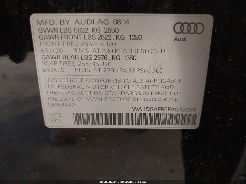 2015 Audi Q5 VIN WA1DGAFP5FA032298 IAAI salvage auction — REAR END, Salvage Title, sold $1,450 on 2026-10-04 (photo 9)