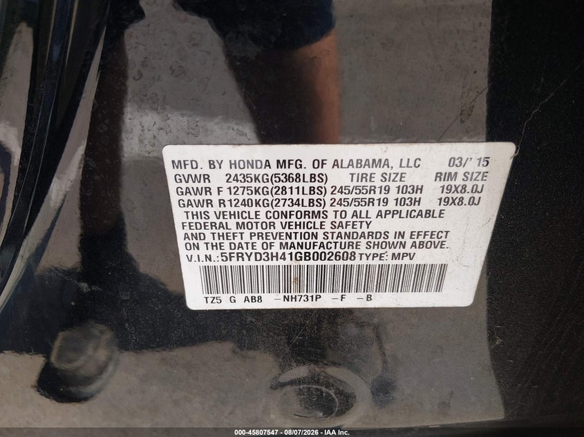 2016 Acura Mdx VIN 5FRYD3H41GB002608 IAAI salvage auction — RIGHT SIDE, Salvage Title, sold $1,550 on 2026-09-12 (photo 9)