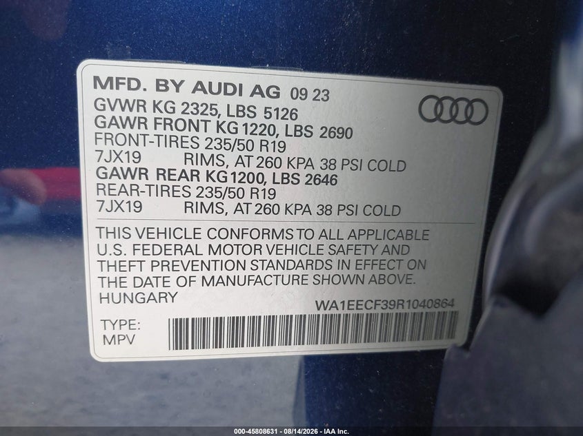 2024 Audi Q3 VIN WA1EECF39R1040864 IAAI salvage auction — RIGHT SIDE, Bill Of Sale (Washington), sold $13,300 on 2026-09-02 (photo 9)