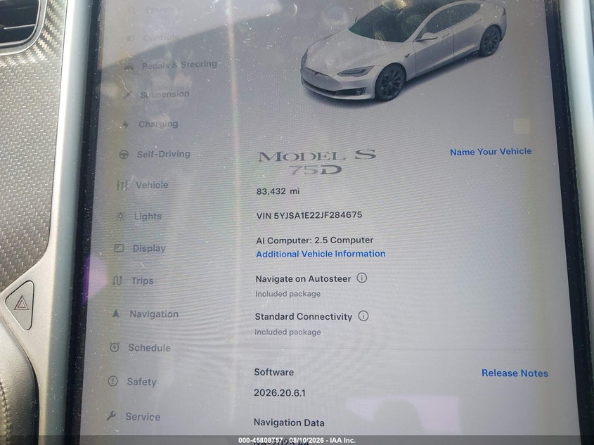 2018 Tesla Model s VIN 5YJSA1E22JF284675 IAAI salvage auction — RIGHT FRONT, Salvage Title, sold $7,650 on 2026-08-31 (photo 7)