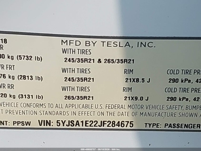 2018 Tesla Model s VIN 5YJSA1E22JF284675 IAAI salvage auction — RIGHT FRONT, Salvage Title, sold $7,650 on 2026-08-31 (photo 9)