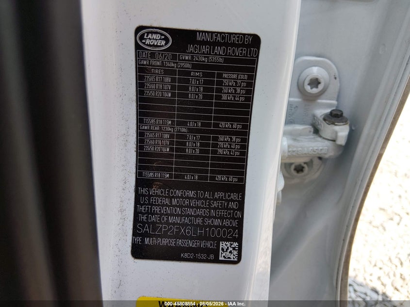 2020 Land rover Range rover evoque VIN SALZP2FX6LH100024 IAAI salvage auction — FRONT END, Salvage Title, sold $5,600 on 2026-08-27 (photo 9)