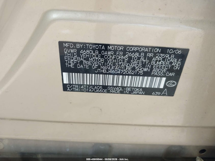 2007 Lexus ES VIN JTHBJ46G472062175 IAAI salvage auction — LEFT SIDE, Original (Texas), sold $975 on 2026-09-16 (photo 9)