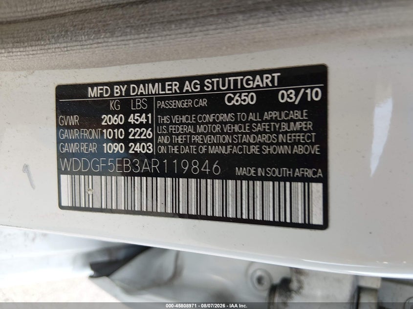 2010 Mercedes-benz C class VIN WDDGF5EB3AR119846 IAAI salvage auction — FRONT END, Salvage (Nevada), sold $100 on 2026-08-21 (photo 9)
