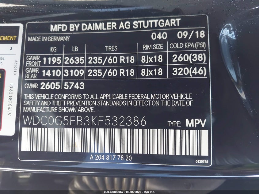2019 Mercedes-benz Glc VIN WDC0G5EB3KF532386 IAAI salvage auction — RIGHT FRONT, Salvage (California), sold $10,175 on 2026-08-13 (photo 9)