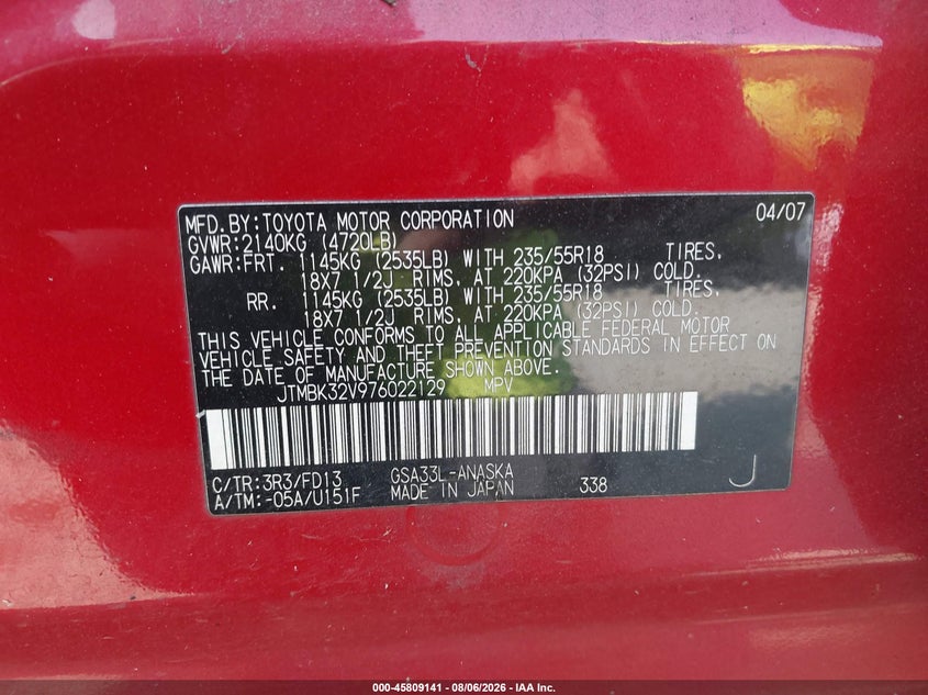 2007 Toyota Rav4 VIN JTMBK32V976022129 IAAI salvage auction — LEFT FRONT, Bill Of Sale (Washington), sold $925 on 2026-08-27 (photo 9)