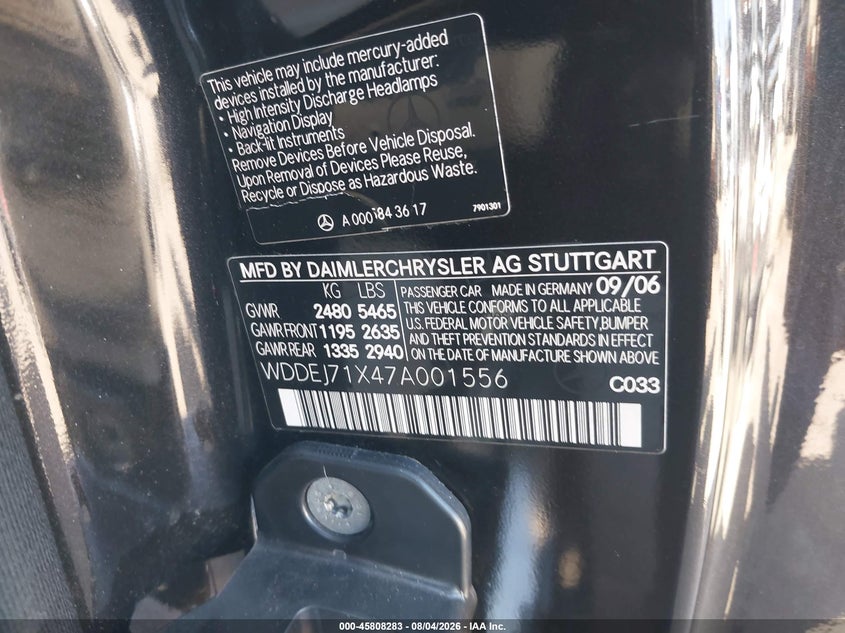2007 Mercedes-benz Cl-class VIN WDDEJ71X47A001556 IAAI salvage auction — NORMAL WEAR, Clear - Dealer Only (California), sold $575 on 2026-08-12 (photo 9)