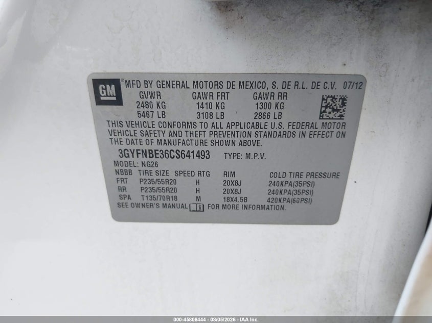 2012 Cadillac Srx VIN 3GYFNBE36CS641493 IAAI salvage auction — FRONT END, Wait Title, sold $375 on 2026-08-22 (photo 9)