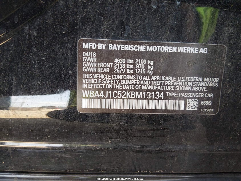 2019 BMW 4er VIN WBA4J1C52KBM13134 IAAI salvage auction — SIDE, Salvage (Arizona), sold $3,350 on 2026-08-16 (photo 9)