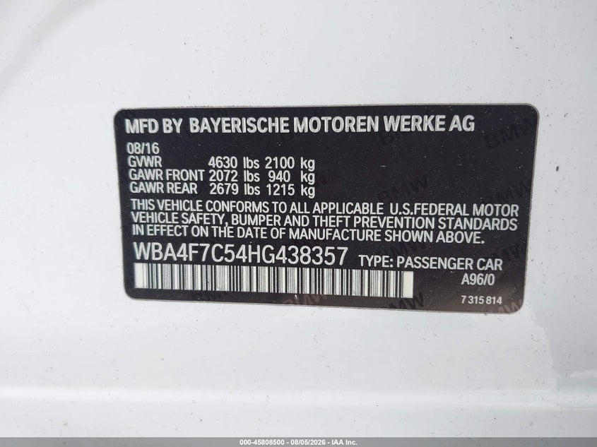 2017 BMW 4er VIN WBA4F7C54HG438357 IAAI salvage auction — FRONT & REAR, Salvage Title, sold $1,400 on 2026-08-19 (photo 9)