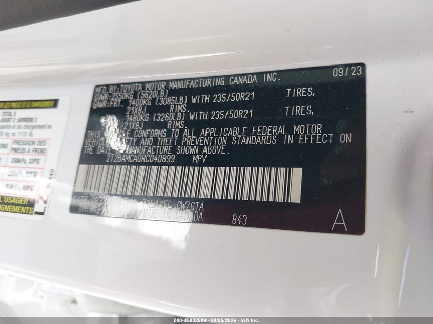 2024 Lexus Rx VIN 2T2BAMCA0RC040899 IAAI salvage auction — RIGHT SIDE, Salvage Title (California), sold $25 on 2026-09-15 (photo 9)
