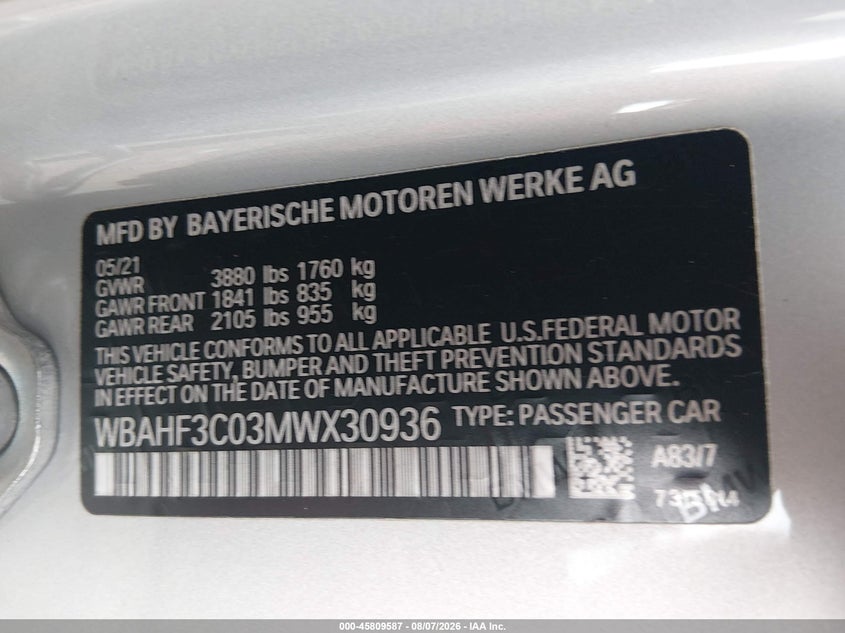 2021 BMW Z4 VIN WBAHF3C03MWX30936 IAAI salvage auction — FRONT END, Salvage Title, sold $19,350 on 2026-09-10 (photo 9)