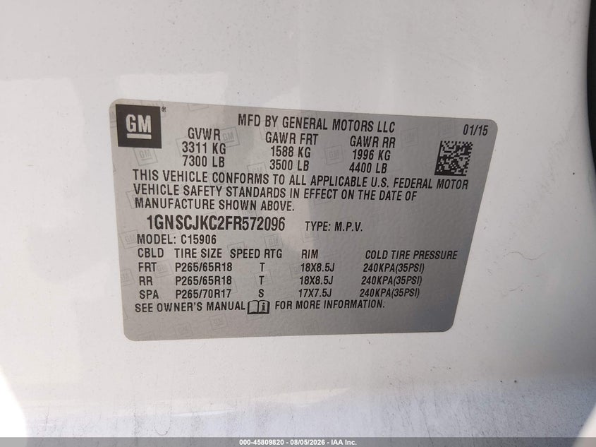 2015 Chevrolet Suburban VIN 1GNSCJKC2FR572096 IAAI salvage auction — NORMAL WEAR, Clear - Dealer Only (California), sold $525 on 2026-09-07 (photo 9)