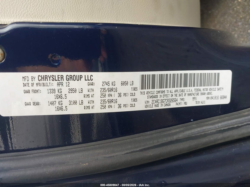 2012 Chrysler Town & country VIN 2C4RC1BG7CR326564 IAAI salvage auction — NORMAL WEAR, Clear (Virginia), sold $750 on 2026-09-01 (photo 9)