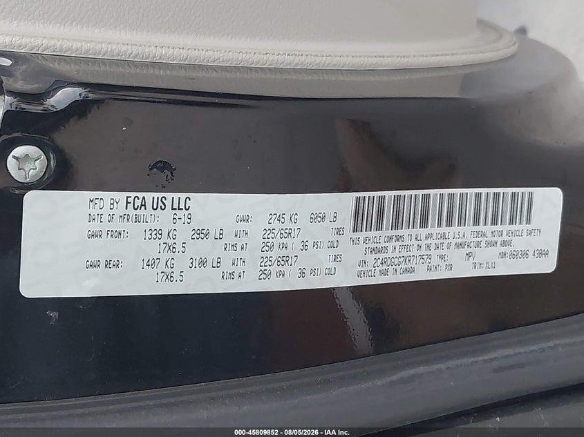 2019 Dodge Grand caravan VIN 2C4RDGCG7KR717579 IAAI salvage auction — RIGHT FRONT, Original (Texas), sold $1,500 on 2026-08-29 (photo 9)