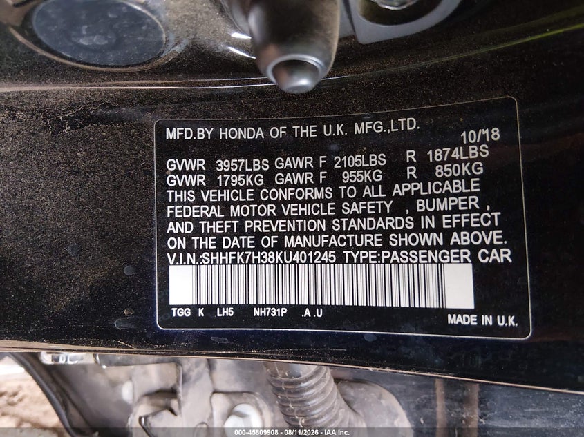 2019 Honda Civic VIN SHHFK7H38KU401245 IAAI salvage auction — FRONT END, Salvage (Arizona), sold $1,775 on 2026-09-22 (photo 9)