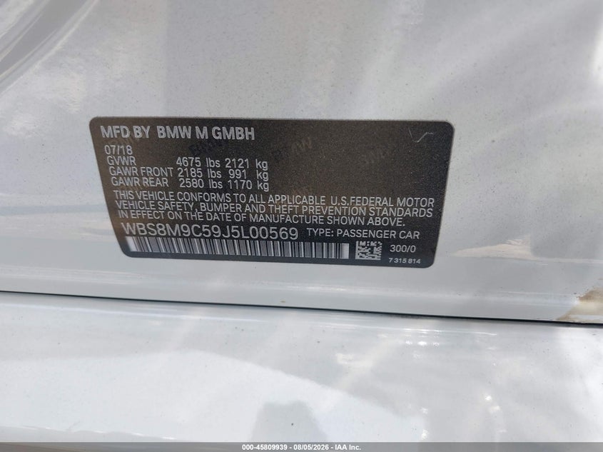 2018 BMW M3 VIN WBS8M9C59J5L00569 IAAI salvage auction — LEFT FRONT, Wait Title, sold $22,100 on 2026-08-28 (photo 9)