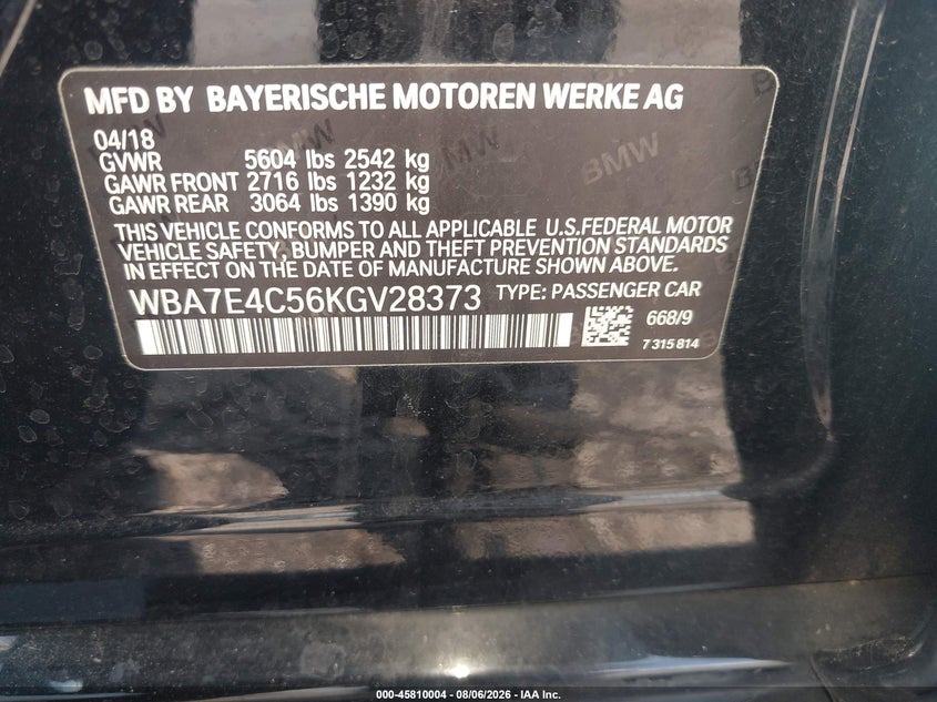2019 BMW 7er VIN WBA7E4C56KGV28373 IAAI salvage auction — FRONT END, Salvage Title, sold $1,050 on 2026-08-21 (photo 9)