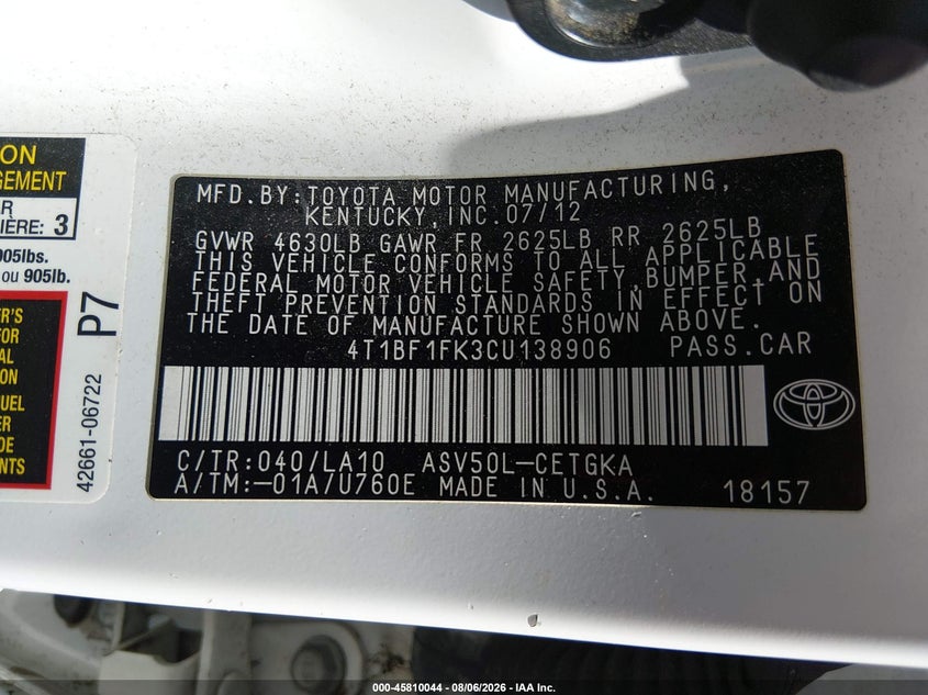 2012 Toyota Camry VIN 4T1BF1FK3CU138906 IAAI salvage auction — FRONT END, Salvage (Ohio), sold $1,450 on 2026-08-20 (photo 9)