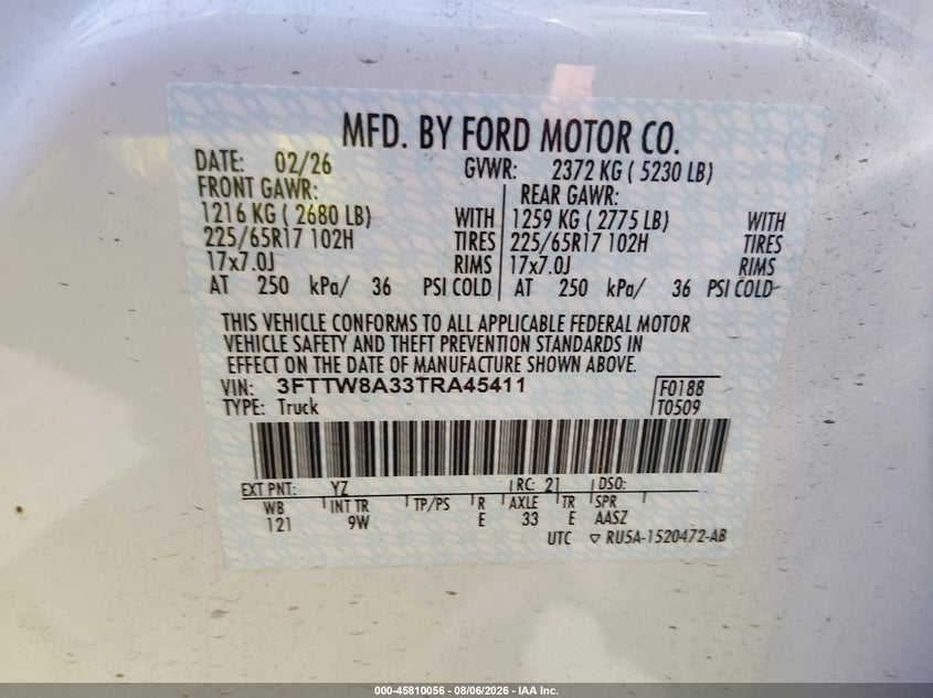 2026 Ford Maverick VIN 3FTTW8A33TRA45411 IAAI salvage auction — REAR END, Wait Title, sold $16,925 on 2026-09-05 (photo 9)