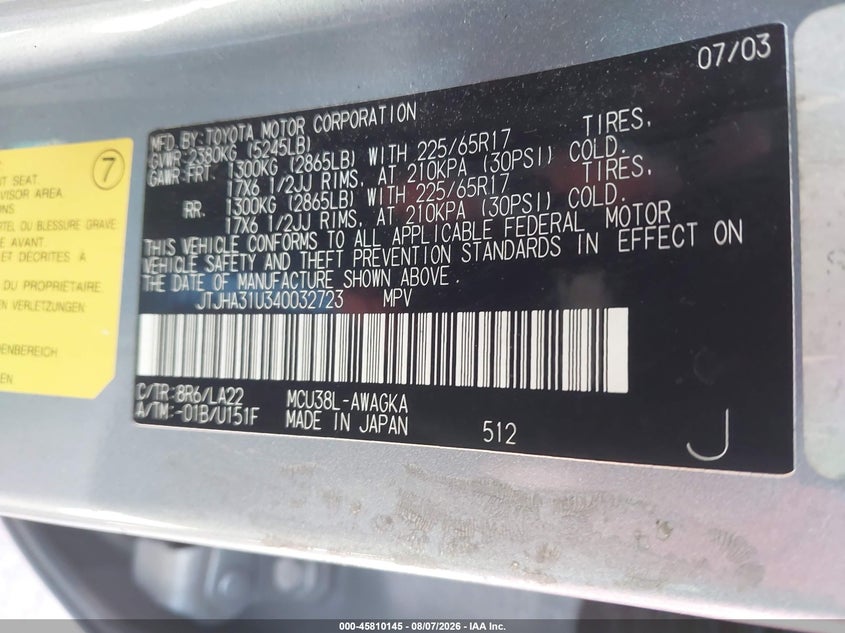 2004 Lexus Rx 330 VIN JTJHA31U340032723 IAAI salvage auction — NORMAL WEAR, Clear-Dealer Only (North Carolina), sold $1,150 on 2026-09-06 (photo 9)