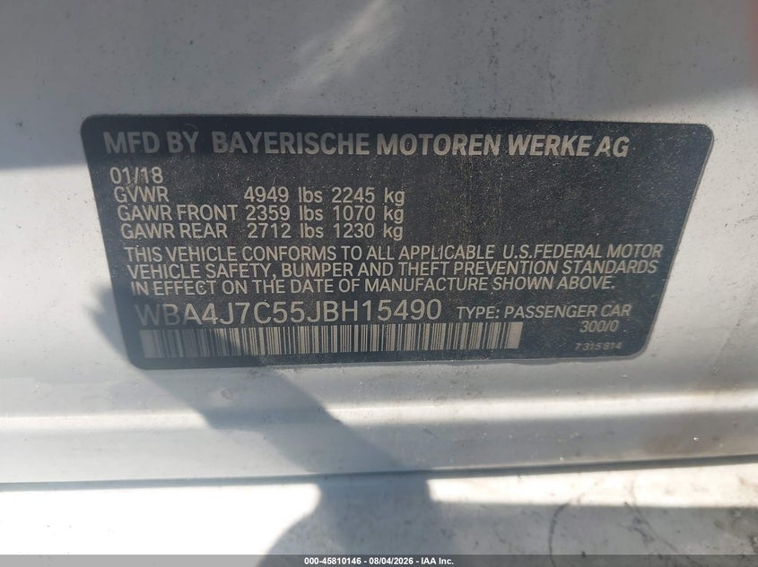 2018 BMW 4er VIN WBA4J7C55JBH15490 IAAI salvage auction — NORMAL WEAR, Salvage Title, sold $2,550 on 2026-08-18 (photo 9)